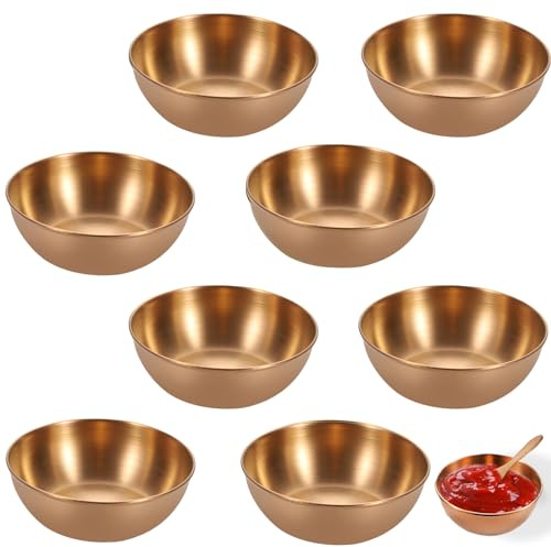 HOMURY 8 stycken dippskålar runda, serveringsskålar i rostfritt stål, kryddskål mini, såsskålar, dip-skålar, såsskål för sushi, snacks, kryddor, senap (8,2 x 2,7 cm) (roséguld)