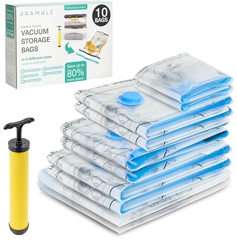 BRAMBLE 10 Premium Vakuumbeutel Aufbewahrungsbeutel mit Pumpe, 5 Größen (Jumbo, XL, L, M + Reisebeutel zum Aufrollen) - Platzsparer für Kleidung, Bettdecken & Reise - Wiederverwendbar