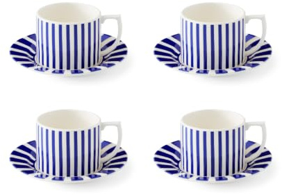 Spode x Steccato Teacup & Saucer, Set of 4 (16cm, 9oz) – Blue & White Striped Earthenware Tea Cup Set for Everyday Tea Service, Contemporary Tableware | Earthenware Tea Cups with Matching Saucers for Coffee, Tea, Espresso, Everyday Use & Entertaining, Dishwasher Safe