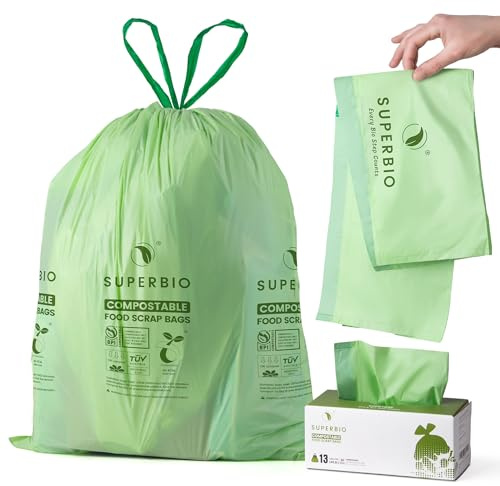 SUPERBIO 13 Gallon Compostable Drawstring Kitchen Waste Bag, 49.2 Liter, 30 Count,1 Mil, Heavy Duty Food Scrap Bags, BPI, Seedling and OK compost INDUSTRIAL