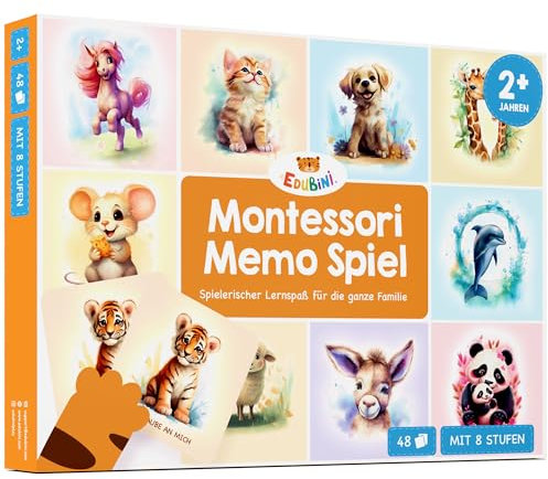 Edubini Montessori Memo Spiel ab 2 Jahren - [48 Karten] - Fördert Sprach- und Gedächtnisentwicklung - Montessori Spielzeug mit Affirmationen, Lernspiele für Kinder, Kinderspielzeug (8 Spielstufen)