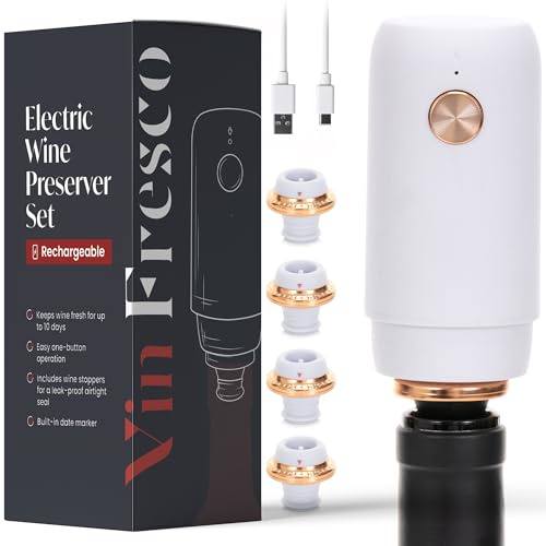 Electric Wine Preserver - Rechargeable Vacuum Saver With Airtight Seal - Automatic Air Remover Pump for 10 Days of Flavor & Freshness - Preservation System (White & Rose Gold)