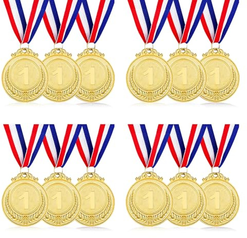 SULOLI 12 Pezzi Medaglie Premiazioni,Medaglie Bambini in Metallo con Nastro al Collo,Medaglia Premi per Sport Scolastico,Festa Gioco Concorrenza Premi(Oro)