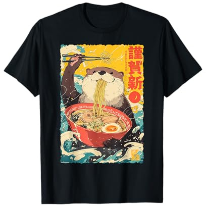 Funny Manga Anime Japanese Art Otter Eating Ramen Noodles T-Shirt