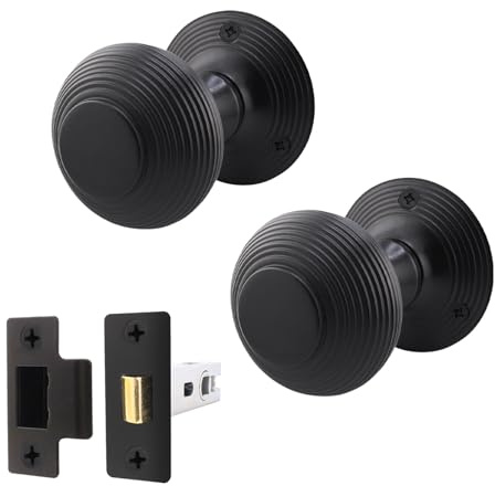 EAI Matt Black Door Knobs with Latch 76mm - Beehive | Complete Latch Kit with 1 Pair of Beehive Mortice 55mm Door Knobs for Internal Doors, 76mm Latch, Fixings Included
