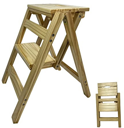 Marchepied pliable à 2 marches en bois massif pour adultes avec capacité de 150 kg pour cuisine, salle de bain, chambre à coucher, escabeau robuste et portable