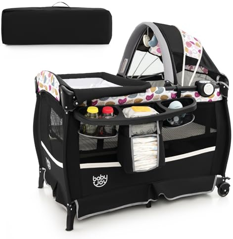 GOPLUS Cuna de Viaje Portátil, Cuna Bebe Plegable con Techo Ajustable, Colchón, Cambiador, Estante, Juguetes, Caja de Música, Ruedas Bloqueables y Bolsa de Transporte, para 0-3 años (Negro-Blanco)