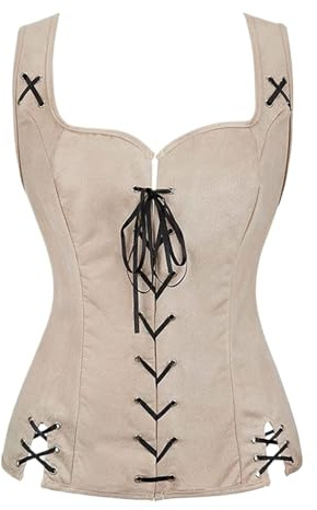 JTKSSCS Bustier korsett topp damväst ytterkläder snörning solid vintage cosplay kostym tank steampunk, BEIgE, XS