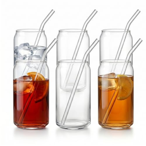 gouveo 6er Set Trinkgläser Dose 500 ml mit 6 Glasstrohhalmen – ohne Deckel – dosenförmige Longdrinkgläser für Eiskaffee, Cocktails, Limonade, Saft und Eistee (TGR500)