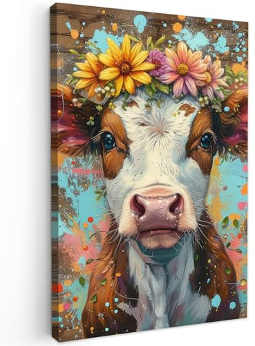 MuchoWow© Bilder Wohnzimmer Deko Modern Wandbild Kunstdruck auf Leinwand | 40x60 cm - Bild Schlafzimmer über Bett Room Decor Geschenke Kuh - Graffiti - Tiere - Blumen - Straßenkunst