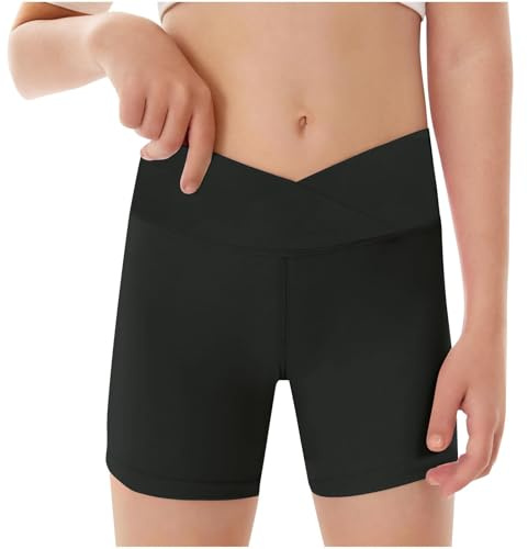 Generisch Pantalones cortos de deporte para niñas, pantalones cortos de cintura en V, leggings cortos para motociclistas, danza, gimnasia, secado rápido, Negro , 9-10 años