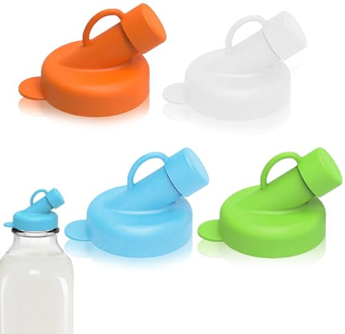 Garegce 4PCS Milk Bottle Tops, 48mm Diameter Reusable Silicone Bottle Tops for Glass Milk Bottles, Leakproof Milk Dispenser Tops Caps Pour Spout Lids Easy to Clean (Green, Blue, Orange, White)