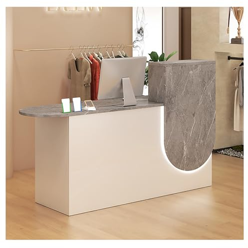 Escritorio de recepción blanco con iluminación LED de 99 cm, mostrador de oficina moderno, escritorio de secretaria con cajón con cerradura para caja de salón pequeño (Gary)