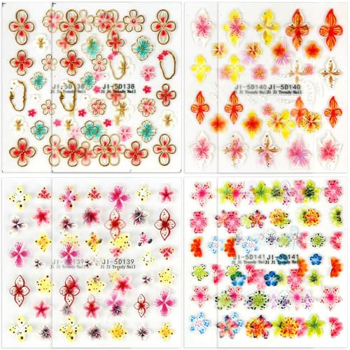 8pcs 5D Embossed Flower Nail Stickers, Self Adhesive Floral Nail Decals Summer Spring Lily Hibiscus Tropical Flowers Charm Decor for Women Girls DIY Manicure Accessories