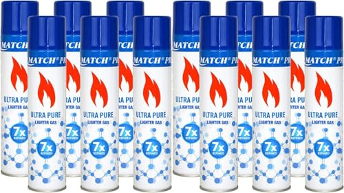 12 x 300ml Gas per accendini con 5 adattatori | Gas puro e pulito, raffinato x7 vicino al 100%. Gas premium per estrazioni e torce. Particolarmente indicato per estrazioni BHO. | Gas di ricarica