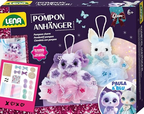 Lena Bastelset Glam Pompon Anhänger - Kreativ Set für Kinder mit Pompommaker, Glitzer-Tüll, Wollfäden & Moosgummiteile, Basteln für Kinder ab 8 Jahren