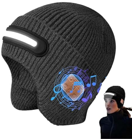 LED-Bluetooth-Musikhut, Bluetooth Beanie mit Licht, Wiederaufladbare Bluetooth-Mütze mit integrierter Lampe & Ohrenklappen, Winter Warme Strickmütze mit 3 Licht Modi, Geschenke für Manner Frauen