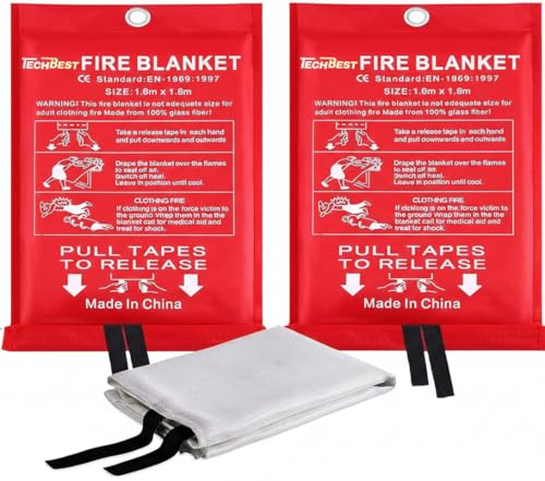 TechBest Coperta antincendio cucina coperta antincendio – 160 x 180 fibra di vetro confezione da 2 pezzi DIN EN 1869:2019 coperta antincendio per fuoco grasso in auto, scuola, camino, barbecue
