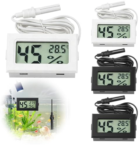 ingoodtle 4 Pack Reptile Thermometer Hygrometer LCD Temp Humidity Monitor | Mini Digital Temperature Humidity Gauge Meter with Probe for Reptiles Tank Terrarium Incubator Aquarium (Black & White)