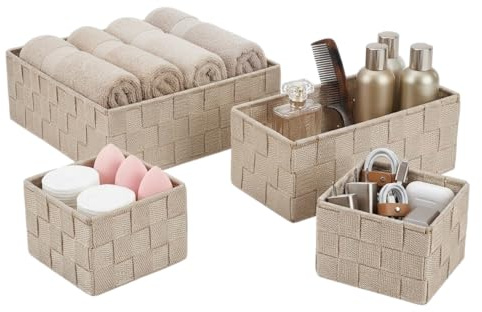 OCEANO Set 4 Cestini Portaoggetti Intrecciati Organizer Bagno e Cassetti Scatole Salvaspazio in Tessuto per Trucchi Asciugamani Accessori (Beige)