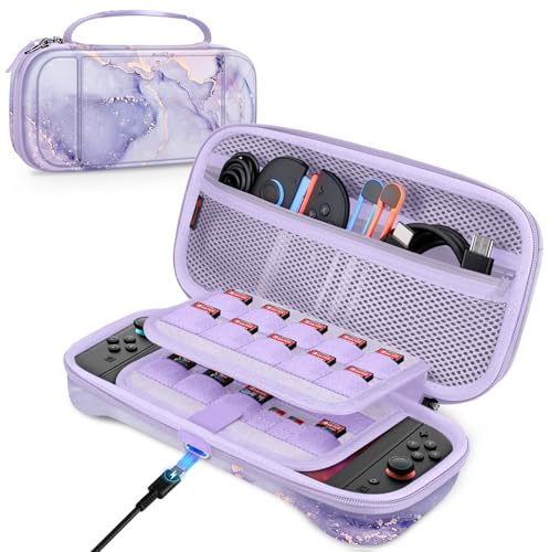 FINTIE Carrying Case for Nintendo Switch 2 (2025), Lilac Marble | with Charging Hole, Shockproof, Hard Shell Switch 2 Case, Travel Bag with 19 Game Card & 2 Micro SD Card Slots & Inner Pocket