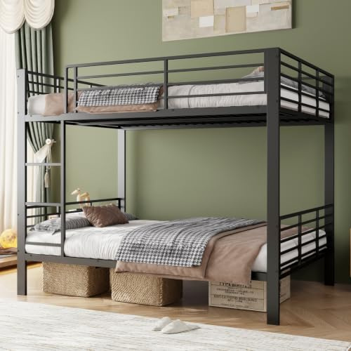 PUGSDRLY Lit Superposé 140x200cm,Lit 2 Personnes | Capacité de Charge de 200kg,Barrières Surélevées,Sommier à Lattes Métallique Robuste,pour Adolescents Adultes