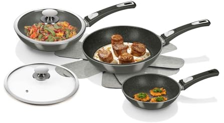 Genius Bonafit | Pfannen-Set Ø 28, 24, 20 cm inkl. Glasdeckel | 7 Teile | Patentierte 3-lagige Beschichtung | Keramik-, Edelstahl- & Diamant-Partikel | Antihaft-Beschichtung | Bekannt aus TV | NEU