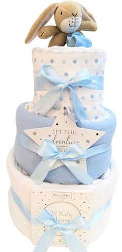 Coffret cadeau pour nouveau-né à 3 étages avec gâteau à couches et panier cadeau idéal pour une fête prénatale et de nouveaux parents Guess How Much I Love You