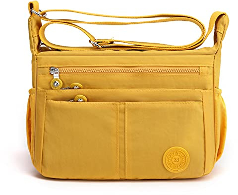 FANDARE Léger Sac à Bandoulière Femme Sacs D'épaule Sling Porté Epaule Sacoche Imperméable Nylon pour Voyage École Sports Achats Crossbody Bag Jaune