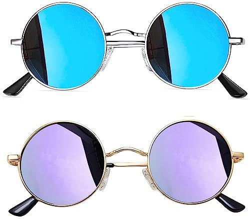 Joopin 2er-Set Sonnenbrillen Herren Rund Retro Brille Damen Hippie UV400 | Polarisiert, Metallrahmen, Klein, Schmal, Steampunk, Unisex, 30°-Flex-Scharnier, Alltag, Festivals, Partys, Halloween