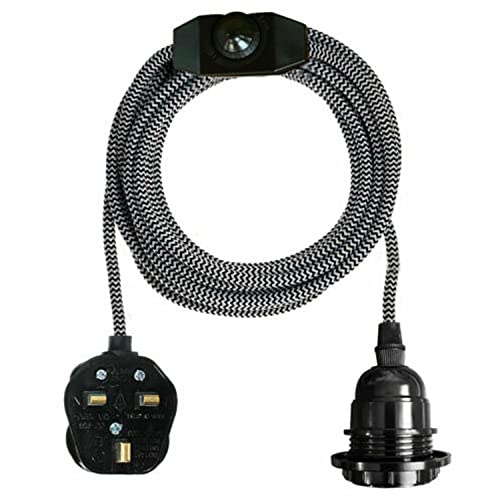 Plug in Pendant Light with Plug-in, E27 Suspended Lamp Holder, Industrial Vintage 2m Fabric Flexible Cable with Dimmer Switch for Ceiling Hanging Lights (Black & White)