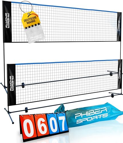 PHIBER-SPORTS Rete da badminton, 420 cm, regolabile in 3 altezze + tabellone segnapunti – anche come rete da tennis, rete da pallavolo, da calcio, inclusa borsa per il trasporto, per interni ed