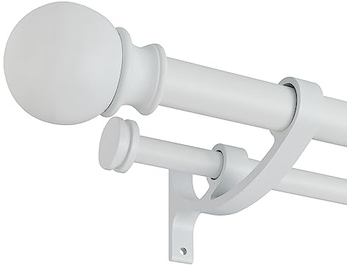 Lwiiom Double Curtain Rods 28-48 inch,1'' Front and 5/8 '' Back Adjustable Heavy Duty Decorative Drapery Rod with Aluminum Bouquet Brackets and Round Finials,Matte White