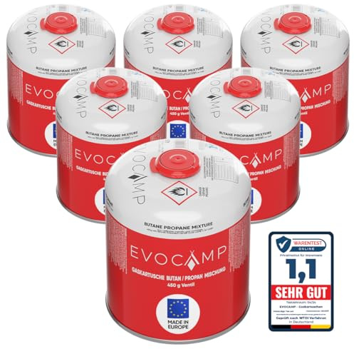 EVOCAMP 6x Propan Butan Gaskartuschen 450g einsetzbar für Weber Grills Q100/1000-Serien, Schraubkartusche Eurogewinde 7/16, Ventilkartusche 809ml mit Sicherheits-Verschlussautomatik