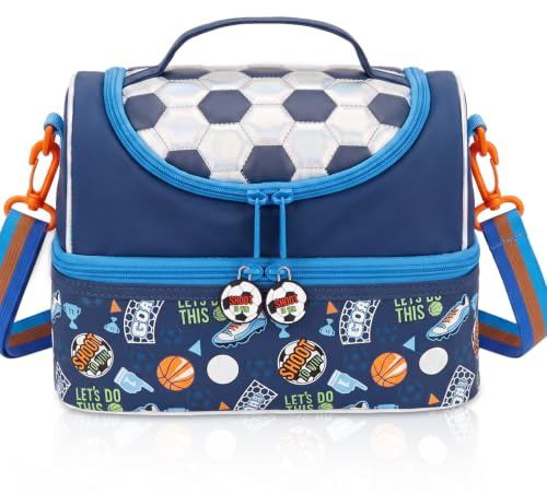 PinkSheep Borsa termica per il pranzo a due piani per bambini, grande, per ragazzi, ragazze, uomini, donne, con tracolla regolabile, unicorno (Calcio)