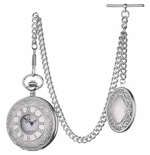 Holy Sins Jewellery – Vintage Silver Quartz Pocket Watch with Albert Chain | Classic Retro Style, Men’s & Women’s Gift, Steampunk Accessory