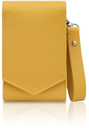 AfitLulu Makeup Case, Leather Lipstick Pouch with Mirror, Wristlet Holder with Removable Keychain, Holds 3 Lipsticks, Magnetic Closure (Yellow)