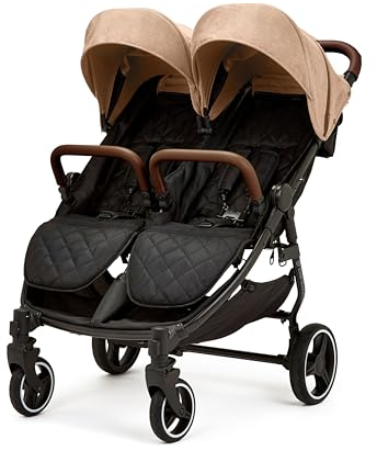 Ickle Bubba Venus Prime Doppelkinderwagen - geeignet von Geburt bis 15 kg (ca. 3 Jahre), leichter, faltbarer Zwillingskinderwagen mit Neugeborenenkokon, 2 Fußwärmern und Regenschutz (Kekse)