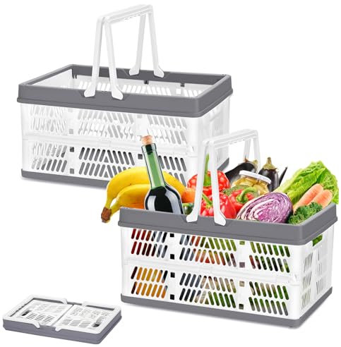 Faltbarer Einkaufskorb, Klappkorb 2 Stück Klappbox mit Henkel, Klappkorb Faltbar, Einkaufskorb Klappbar, Klappkorb mit Henkel 30.5 * 20 * 15cm Klappbox Groß, für Zuhaue, Picknicks, SupermäRkte