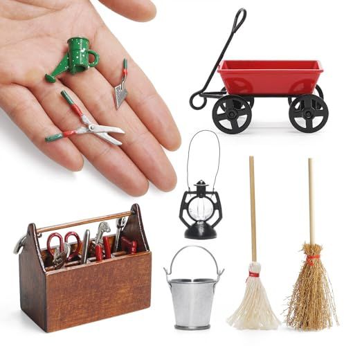 Odoria Miniatur Gartenwerkzeug Wichtel Zubehör: 1/12 Maßstab Werkzeugkasten Schubkarre Garten Weihnachten - Mini Werkzeug Laterne Besen Eimer Feengarten 17 Stücke