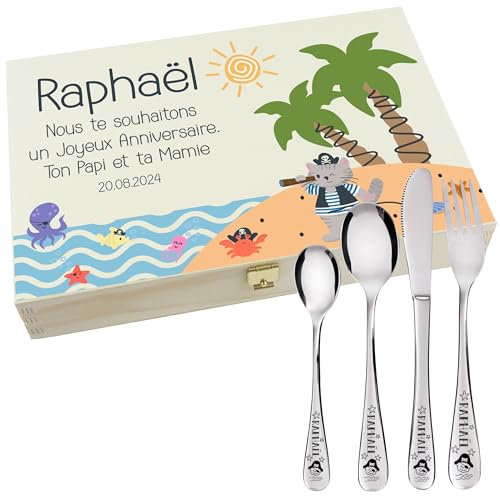 Gravure Events - Coffret en Bois avec 4 Couverts personnalisés pour Enfant - prénom gravé en France - Cadeau Noël bébé, Baptême, Cadeau de Naissance Fille ou garçon - Modèle île