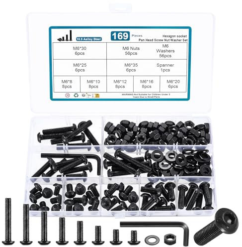 169 Pcs M6 Bolts and Nuts Set With Washers, Black Round Head Hexagon Socket Cap Screws, Machine Screws Kit With Wrench