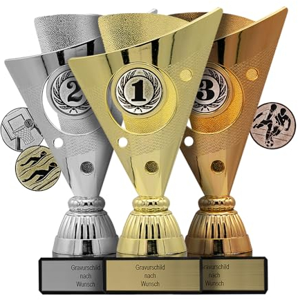 Pokal-Fabrik.de - Pokale 3er Set mit Gravur Wunschtext in Gold, Silber und Bronze - personalisierte Trophäe mit Sport Emblem nach Wahl - 15,5 cm inkl. Marmorsockel - Geschenk-Trophäe | Pokal Kinder