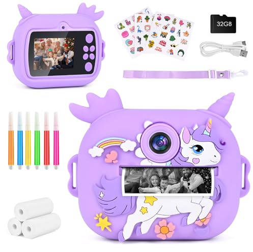 Sofortbildkamera, 2,4 Zoll (6,1 cm) Display, Digitalkamera für Kinder, Videokamera mit Druckpapier und Karte 32 GB farbige Stifte, Weihnachten, Geburtstag, Geschenk für Kinder 3 – 10 Jahre (Violett)