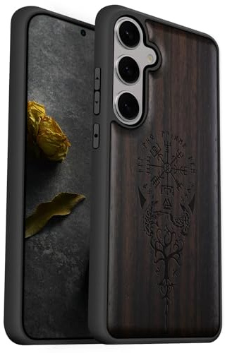 Carveit Coque pour Samsung S25 Étui [Pare-Chocs en TPU Souple] Coque de Téléphone Antichoc Compatible avec Galaxy S25 Etui Bois (Bois Sombre-Viking Compas)