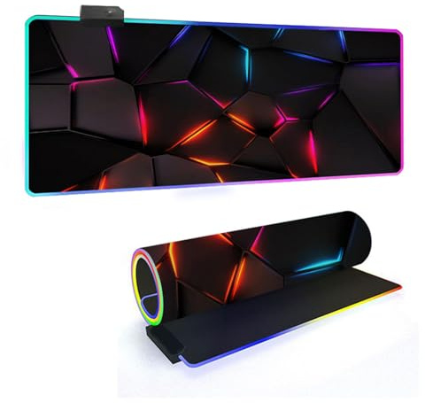 Mateju 3D Geometrie RGB Mousepad, rutschfeste Gummibasis Mauspad, Mousepad XXL/XL/l 14 Beleuchtungs Modi und 7 LED Farben, Gaming Mauspad mit Vernähte Kanten (Bunt,900x400x4mm)