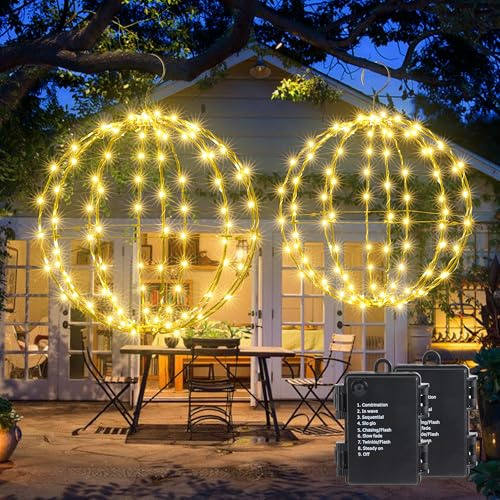 iBaycon Weihnachtsbeleuchtung Außen kugel,Warmweiße Hängekugeln mit blinkenden Perlen,Batteriebetriebene mit Timer,Faltbare Kugel Weihnachtsdeko Lichterkette,für Garten Party Innen(33cm+28cm,2er-Pack)