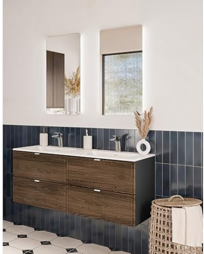 Lomadox Waschplatz-Set 3-teilig mit 120 cm Doppelwaschtisch und 2 LED-Spiegeln in Eiche und schwarz, Doppelwaschbecken weiß