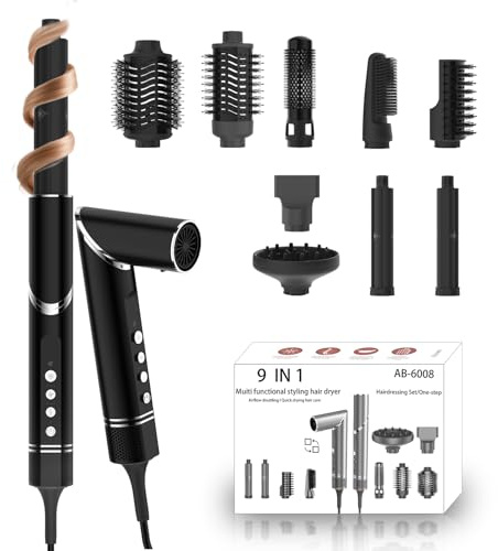 AXCEED Hairstyler 9 in 1 Air Styler Set - 1400W Stylingbürsten Set mit Haartrockner, Lockenstab, Warmluftbürste, Föhnbürste, Rundbürstenföhn, Glättbürste Zum Styling, Volumisieren, Locken und Glätten