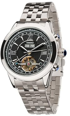 TIME100 Automatisk klocka för män, rostfritt stål, affärskronograf, dag, datum, månadsvisning, 30 m, vattentätt skeletturtavla, självuppdragande mekanisk rörelse, klocka för män (svart, 52 mm)